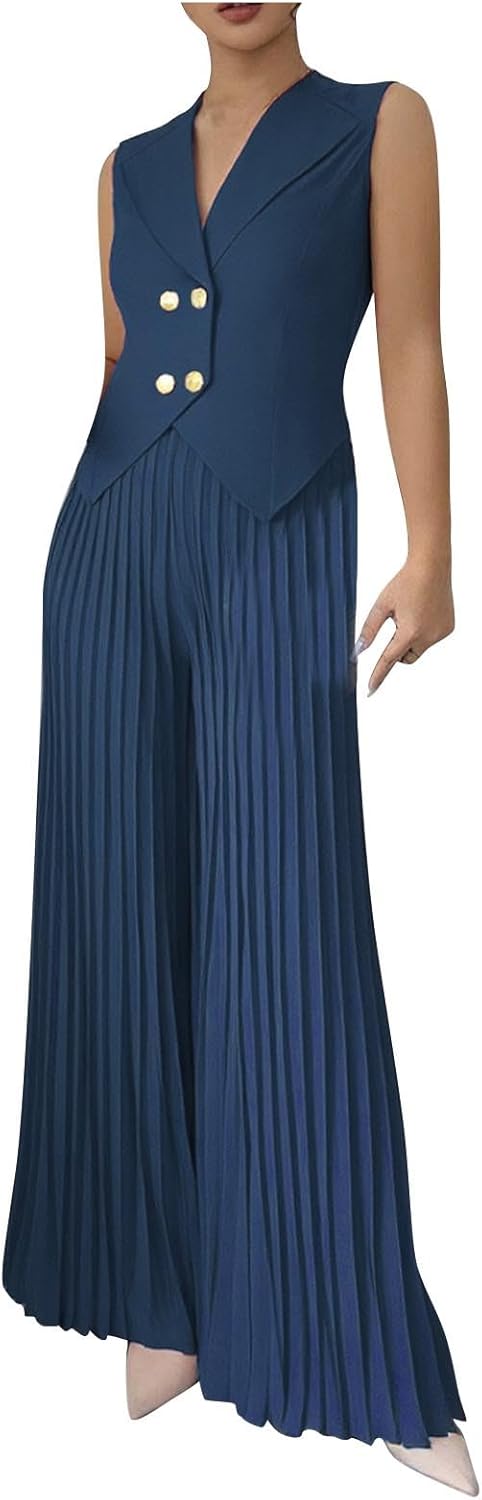 HGps8w Summer 2 Piece Outfits for Women Dressy Sleeveless Blazer Vest Matching Pleated Wide Leg Pants Business Suit Sets