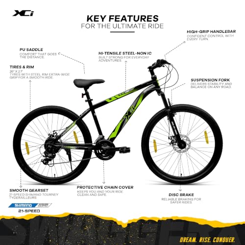 Image of XCi Swagger X 2.0 Mountain Bike | 26-Inch Tyres | 21-Speed Shimano Gears | Tuff Shox Suspension | Mechanical Disc Brakes | Youth 12+ Years |17-Inch Ultra Light Steel Frame | Black Green