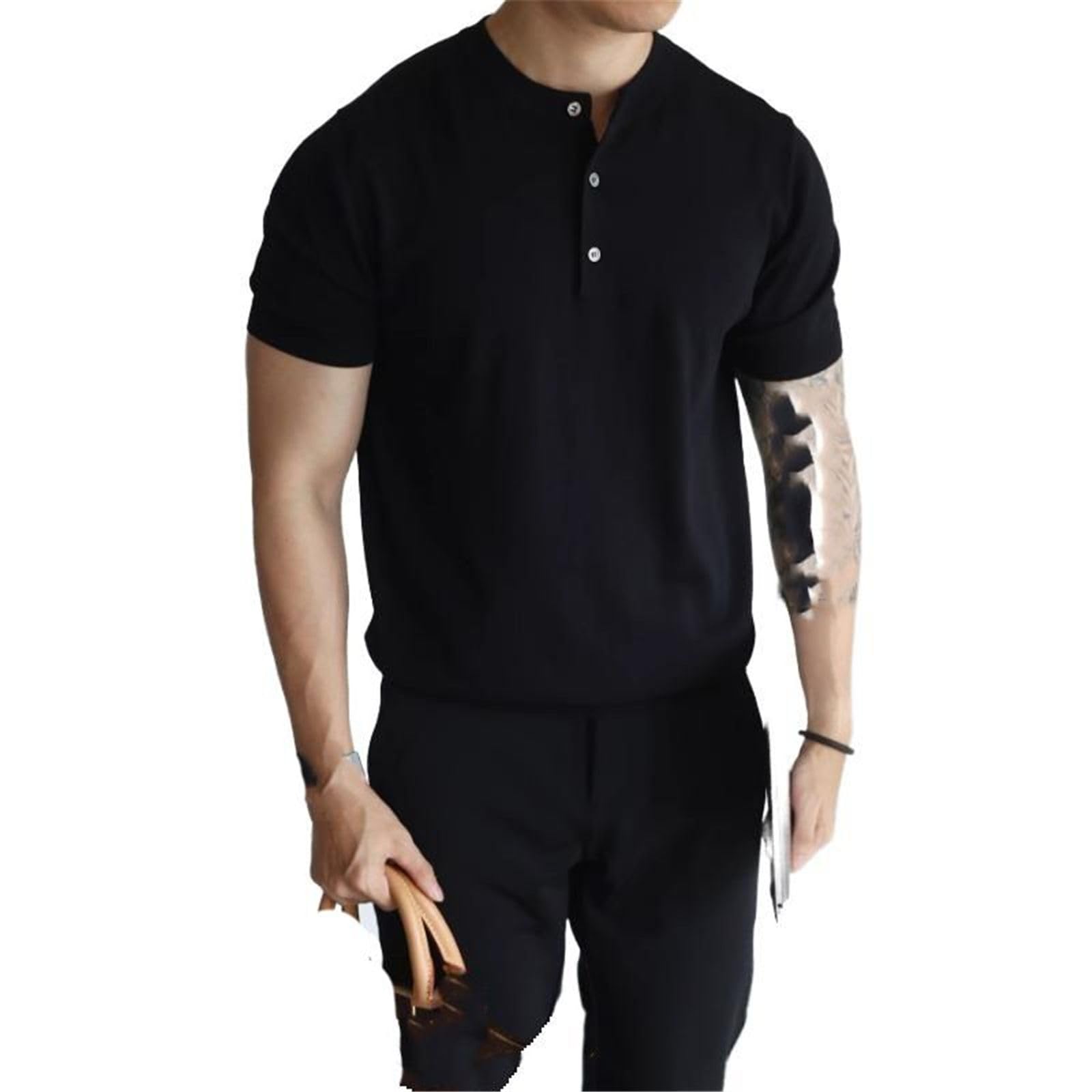 Męska koszulka polo Henley z krótkim rękawem, elastyczna dzianina, styl retro, na co dzień, modny top