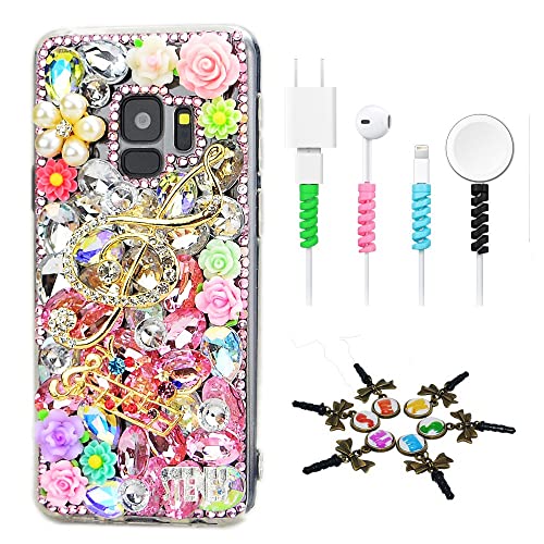 STENES Sparkle Case Compatible with Samsung Galaxy Note 5 - Stylish - 3D Handmade Bling Music Flowers Design Cover Case with Cable Protector [4 Pack] - Pink