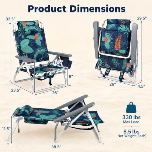 Image of Tangkula Set of 2 Backpack Beach Chair for Camping Beach Picnic | 5-Position Adjustable Backrest | Foldable, Lightweight & Portable | Cooler Bag, 2 Cup Holders, Towel Bar, Backpack Straps