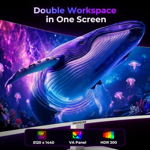 Image of Deco Gear 49 inch Curved Ultrawide 5K Gaming Monitor, 32:9, 120 Hz, 101% NTSC 100% sRGB, USB-C 65W, Adjustable, Home Office and Entertainment Workstation - Exclusive White Edition