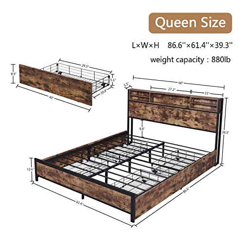 Queen Bed Frame With Bookcase Headboard And 4 Storage Drawers,Metal Platform Bed Frame Queen Size,Mattress Foundation With Metal Slats Support,No Box Spring Needed,Industrial Style(Vintage Brown) #TOP1