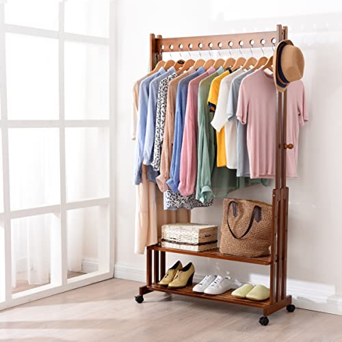 CROSS WIN Portable Bamboo Clothing Rack Rolling Garment Rack with Double Layer Storage Shelf and Hooks for Hanging Clothes, Storing Shoes, Suitable for Bedroom, Office (27.6(L) x 13(W) x 65.4(H))