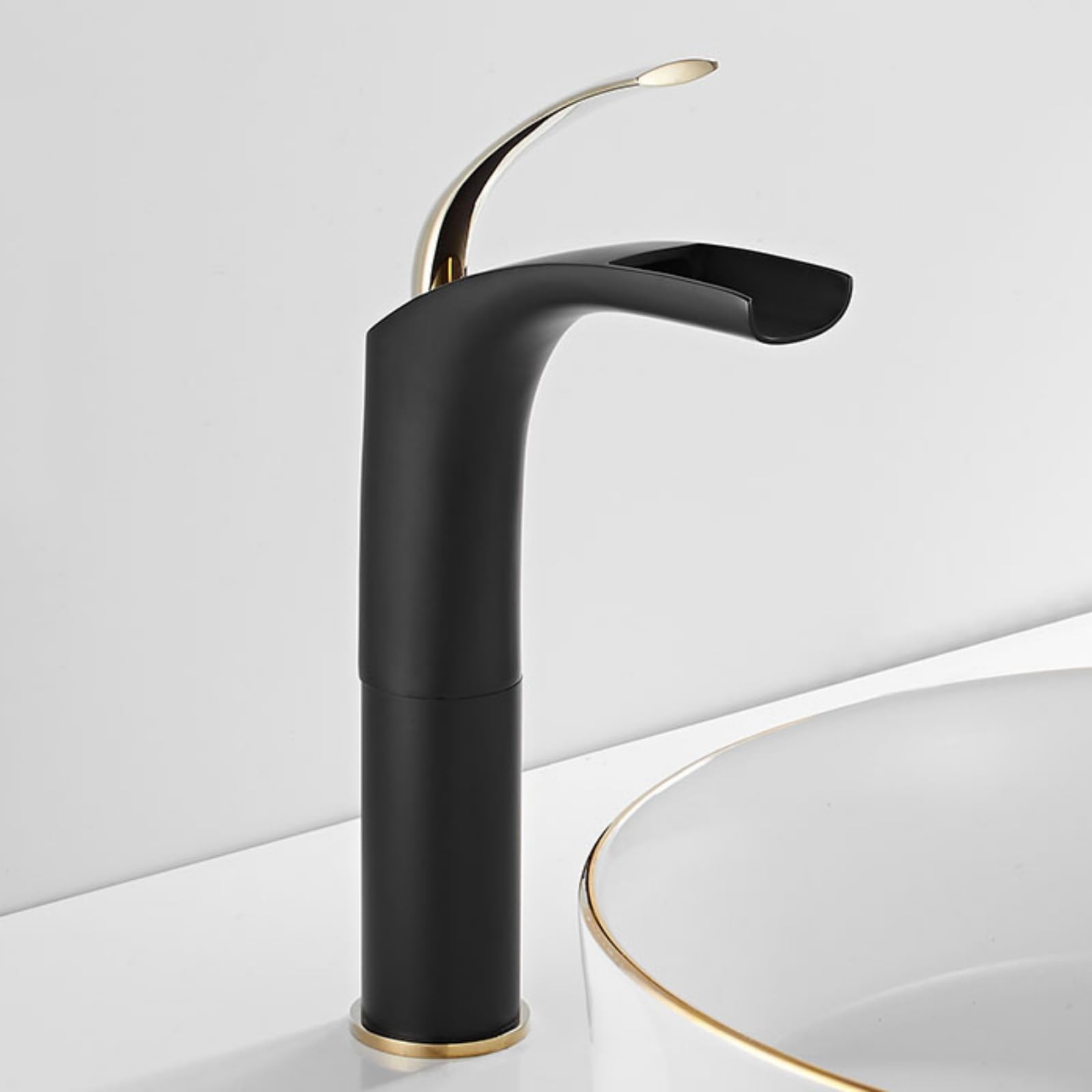 ISCBAFYX Waschtisch-Mischbatterie, Badezimmer-Waschtischarmaturen, hoch, Schwarz + Gold, Einhebel-Wasserfall-Auslauf-Wasserhähne für Badezimmer, Waschbecken, Toilette, Waschbecken, Wasserhahn