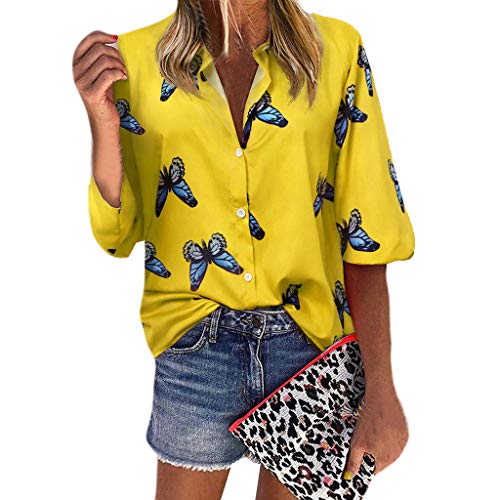 Youmymine Women s Button Down Shirt Long Sleeve V Neck Butterfly Printed Collared Tunic Tops Chiffon Blouse (Yellow, M)