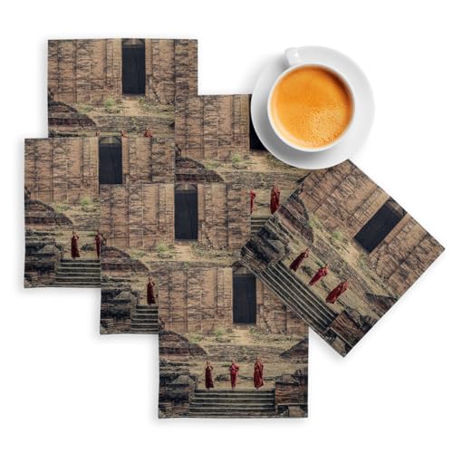 sous Verre en Lin - Enfants Moines Devant la Pagode De Mingun Birmanie Myanmar - Lot de 6 (100 x 100 mm)