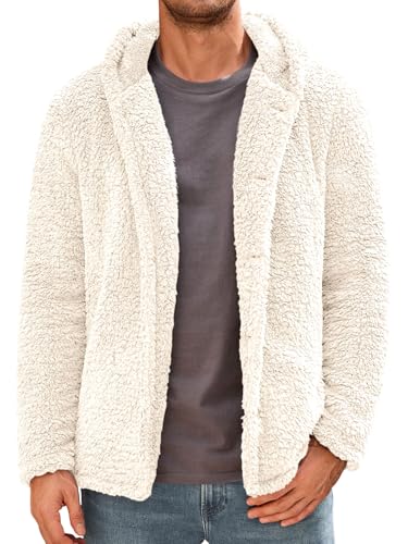 Runcati Mens Fuzzy Sherpa Hoodie Long Sleeve Button Down Fleece Jackets Casual Winter Hooded Sweatshirt Beige