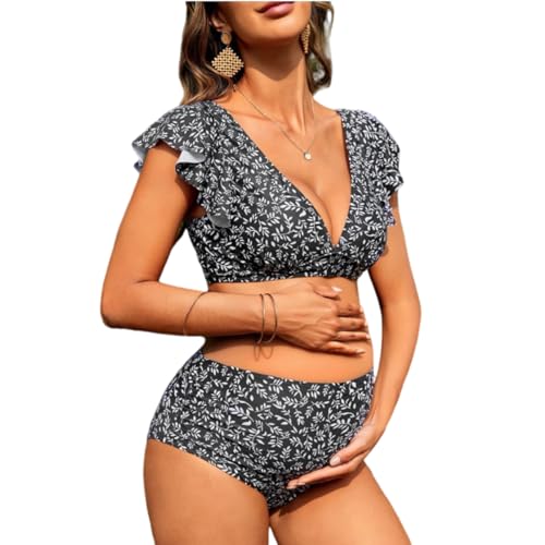 KINLYBO Conjunto de bikini de maternidad de 2 piezas con cuello en V dividido para mujer embarazada, Negro, M