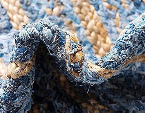 Image of Jute Braided Natural Hand Woven & Reversible Rug for Living Room Kitchen Entryway, Farmhouse Rustic Burlap Carpet Floor Mat (denimjute, 150cm)