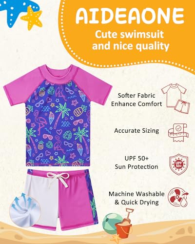 Image of AIDEAONE Girls Rash Guard Swimsuit Short Sleeve Two Piece Bathing Suit Size 3-12T
