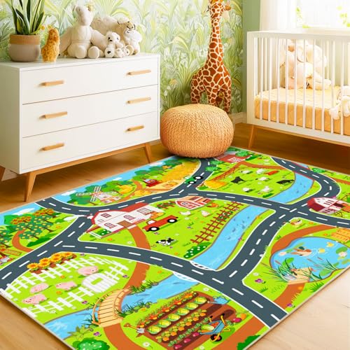 Pionblank Kids Rug for Playroom 4x5 Farm Play Mat for Boys Girls