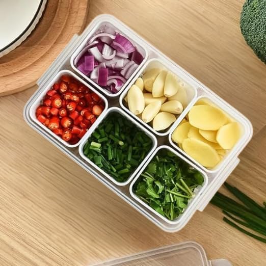 Image of Plastic Fridge Storage Box - 6 Grid Container | Freezer & Refrigerator Organizer | Kitchen Storage Container for Vegetables, Masala, Snacks & More (Pack of 1)