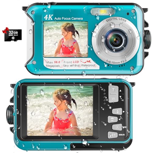4K Underwater Camera, 16FT Waterproof Camera, 64MP Dual-Screen, Cyan
