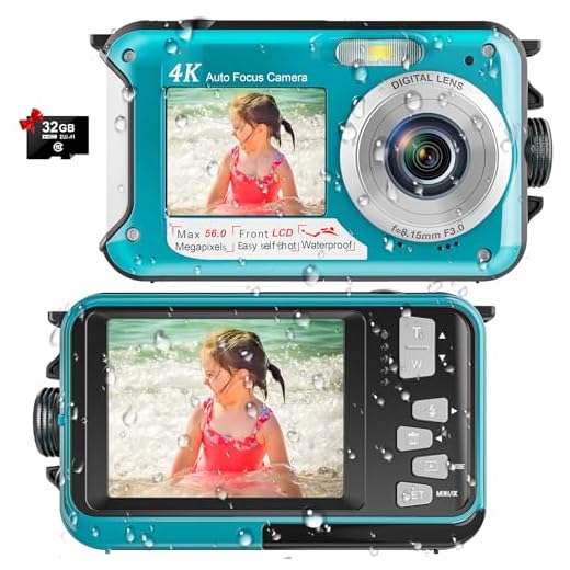 4K Underwater Camera 16FT Waterproof Camera with 32GB Card 64MP Autofocus Dual-Screen Selfie Underwater Camera for Snorkeling Waterproof Compact Floatable Digital Camera 1250mAh Battery Type-C