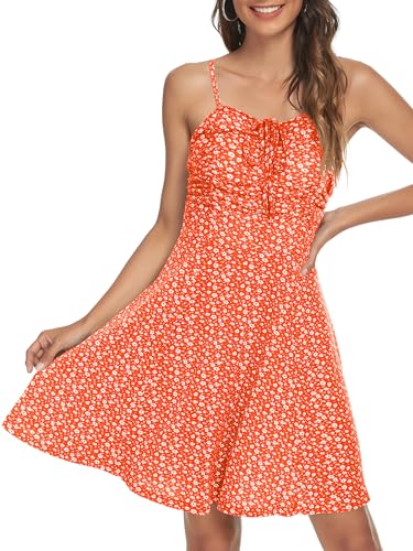 Image of Missufe Spaghetti Strap Floral Mini Dress Women's Casual Ruched Front Drawstring Swing Sundress