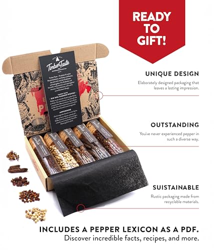 Image of TIMBER TASTE Pepper Sampler Set - 5 Rare Peppercorn Blends Java Long Kubeben White Tiger Timut Smoky Pills | Mens Gifts Peppercorn Gift Foodie Cooking Kit - Birthday Gift for Him Foodie Present