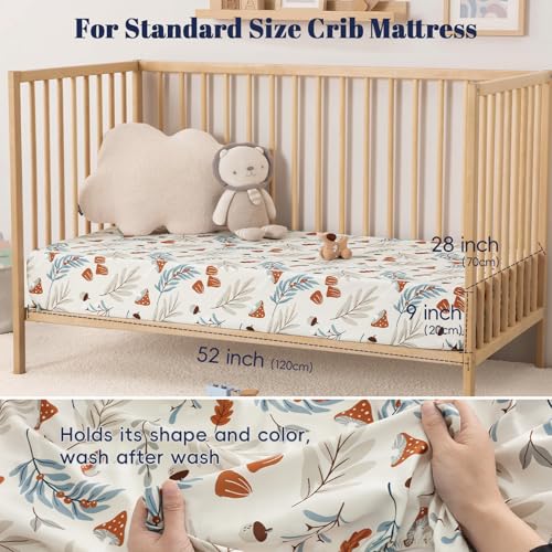Image of PHF 3 Pack Soft Leaf&Mushroom Crib Sheets Fitted, Comfy Breathable Baby Sheets for Boys Girls, 28x52 Inches Fits Standard Crib and Toddler Mattresses, Leaf&Mushroom