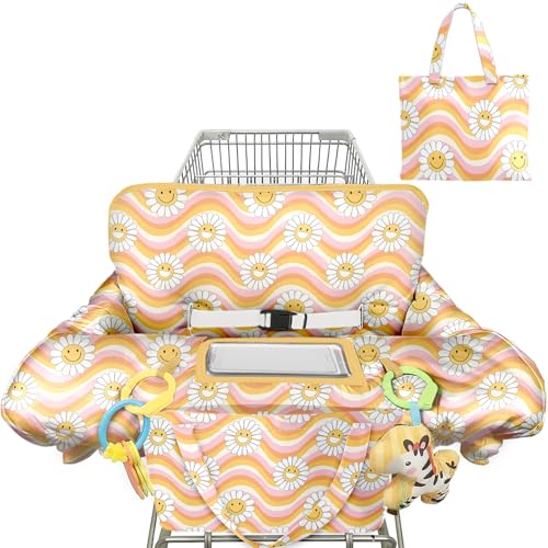 Image of Polovillae Pink Shopping Cart Cover for Baby 2-in-1 High Chair Cover with Safety Harness Multifunctional Sunflower Pattern Cart Covers for Babies Soft Padded Grocery Cart Cover for Baby Boy Girl