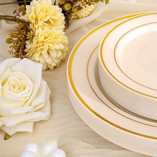 Image of I00000 200 Pcs Gold and Ivory Plastic Plates, Ivory Disposable Party Plates Include 100 Dinner Plate 10'' and 100 Plastic Dessert Plate 7'' Perfect for Birthday, Party & Wedding