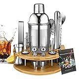 Surmounty Cocktail Set 15 Teiliges Bar Set, Drink Shaker Set Edelstahl Bar Zubehör, Barkeeper-Kit inkl. 750ml Cobbler Shaker und Bambus-Ständer, Cocktail Geschenk für Frauen Männer Barmann