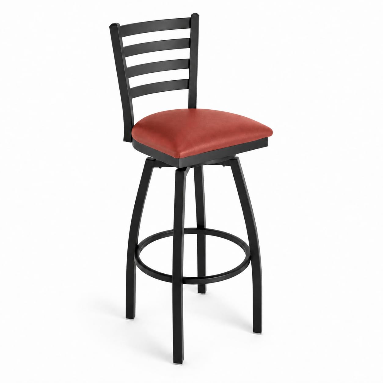 Glownary Black Frame Ladder Back Swivel Bar Stool with Burgundy Vinyl Padded Seat, 32 in. Bar Height, 330 lb. Capacity, Ships Unassembled