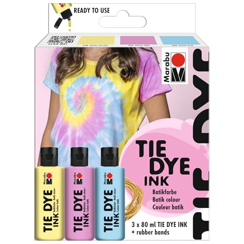 Marabu TIE DYE INK Batikfarben Set Pastell, 3 x 80 ml Farbe auf Wasserbasis, inkl. Gummibänder, strahlende Batikfarbe für helle Textilien bis 20% Kunstfaseranteil, 1730000000201