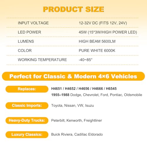 Image of 4x6 Inch Rectangular LED Headlights, 2PCS with H4 Socket - Compatible with Peterbilt, Kenworth, Freightliner, Ford Probe, Chevy Cutlass | Replaces H4651, H4652, H4656, H4666, H6545