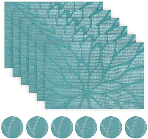 Placemats and Coaster Sets Teal Set of 6 - Woven Vinyl Dinning Table Placemats Heat Resistant Non-Slip Washable Wipe-Clean Place Mats for Home, Kitchen (6 placemats + 6 coasters)(BlueGreen)