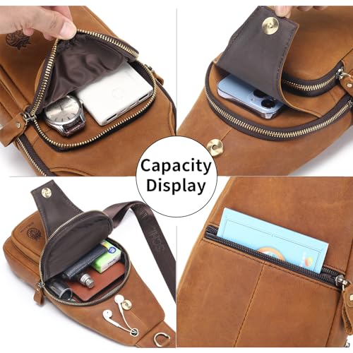 Image of Mens Sling Bag Genuine Leather Crossbody Bags for Men Small Sling Chest Backpack Casual Man Bag Hiking Outdoor, Brown