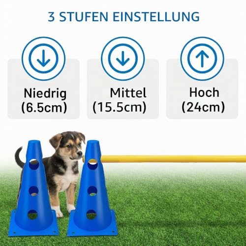 XEIYEI 6er Sports Steckhürdenset Cavaletti Agility Set Hunde Hürden Steckhürdenset 12 Kegel 32cm + 6 Stangen 80cm Agility Koordinationstraining Set für Kinder Hunde Teamsport Fussball