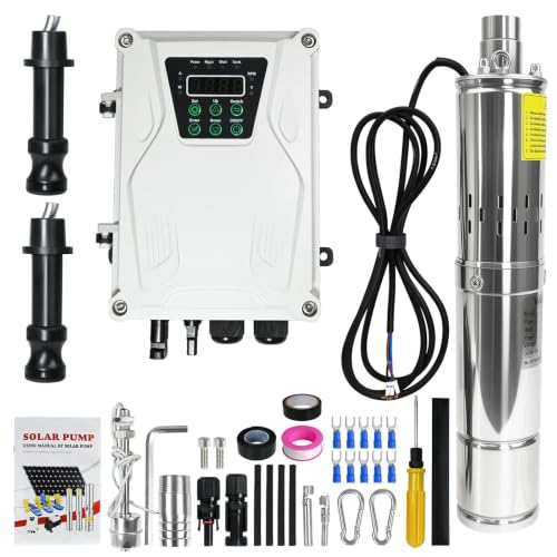 500W DC 48V 3 Solar Deep Well Pump Complete Kit - with MPPT Controller 8.8FT Cable - Stainless Steel Submersible Pump - Max head 393FT 7.9GPM Flow 1 Outlet for Industrial Irrigation Water Tank