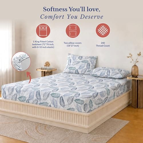 Image of Jaipur Weaves King Size Elastic Fitted Bedsheet, 100% Pure Cotton King Size Fitted Bedsheet for Double Bed with 2 Pillow Covers, 240 TC, 72x78 Inches up to 8-inch Mattress, Leafy (Tealish Blue)