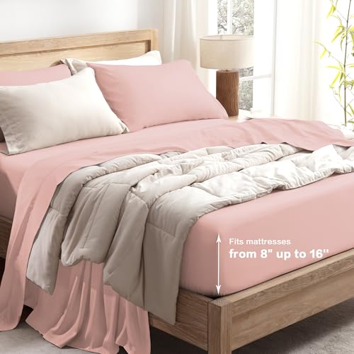 Image of Andency Blush Queen Sheets Set 100% Viscose Derived from Bamboo | Cooling Summer Sheets, Deep Pocket Up to 16 inch, Silky Soft Hotel Luxury Breathable Bedding Sheets & Pillowcases