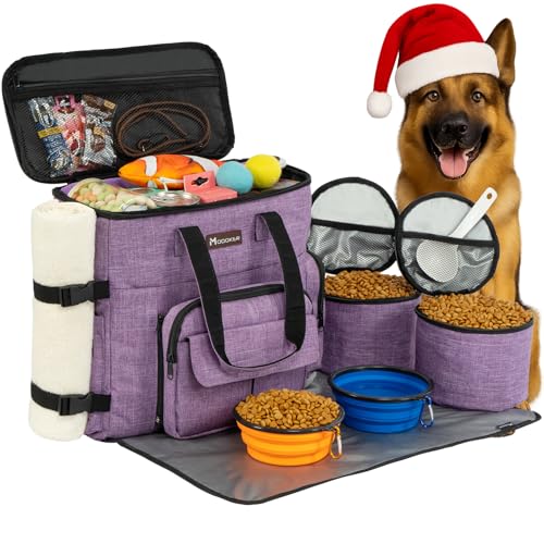 Modoker Dog Travel Organizer Carriers for Supplies & Accessories, Airline Approved Cat Pet Travel Bag, 2 Collapsible Bowls, 2 Travel Dog Food Container, Purple