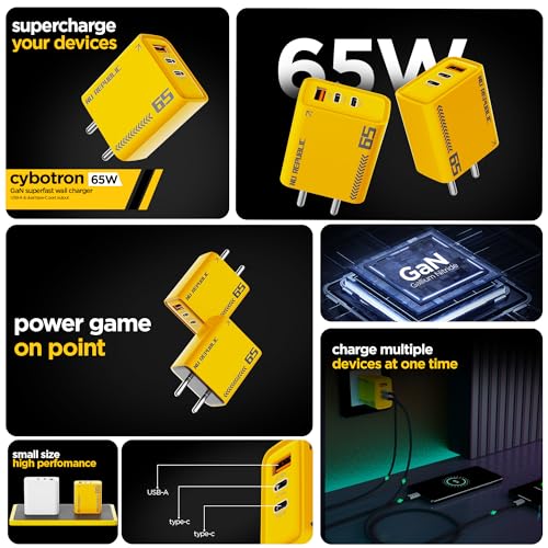 Image of Nu Republic Cybotron 65W GaN Superfast Wall Charger with Type-C to Type-C Cable, 65W Output (Yellow), Type-C and USB-A Enabled Smartphones, Tablets, laptops, and Other Electronics Gadgets