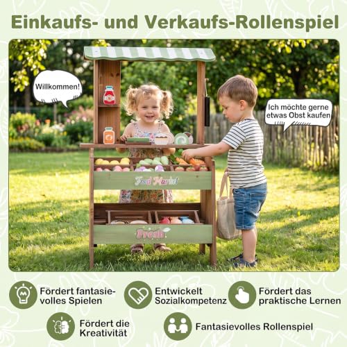 Foto von COSTWAY Kinder Kaufladen, Kaufmannsladen mit Waage, Kreidetafel, 43 Zubehör