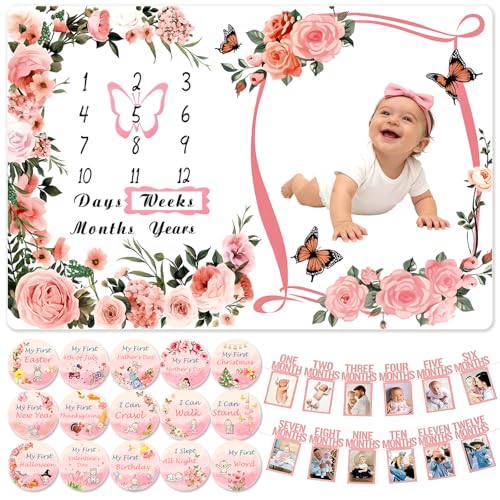 LXWIEKCO Baby Monthly Milestone Blanket 60x40 1-12 Months Growth Chart with 12 Photo Banners & 16 Milestone Cards Monthly Photo Prop for Baby Girl Baby Keepsake Newborn Gift