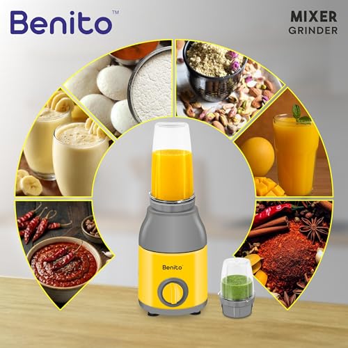 Image of Benito PRESSIO Nutri Mixer Grinder 550 watt with 2 Jars | Durable Shockproof ABS Body | Powerful Motor with Advanced Grinding Technology | Elegant Yellow & Grey Finish come with 1-Year Warranty