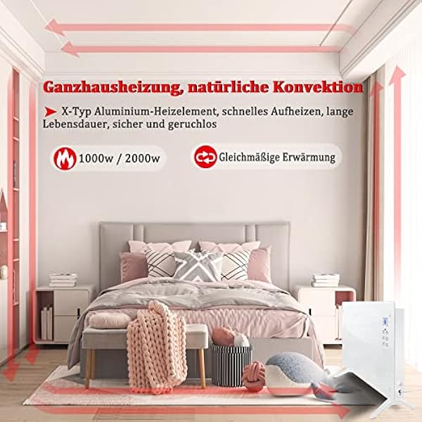Aufun Smart riscaldatore elettrico,convettore in vetro 2 livelli di calore 1000 e 2000 watt, riscaldatore a convezione con telecomando, display touch LED,timer 24 ore,modalità ECO,IP20（bianco）
