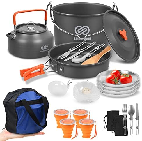 Camping Cooking Set, Camping cookware Stove Set, 26pcs Camping Pot pan Set, Nesting Camp Cook Set, Backpacking Pans Set with 4.2L Hanging Pot,1.2L Kettle, 1.5 L Pan, Mess kit for Hiking Cooking