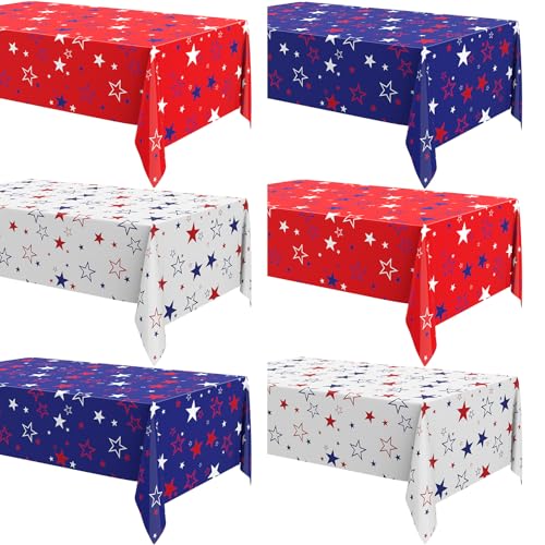 Image of Newwiee 6 Pcs 4th of July Patriotic Tablecloth Disposable American Flag Table Cloth Plastic Red White Blue Independence Day Rectangle Table Cover 250th Decoration(Funny Style,51x87)