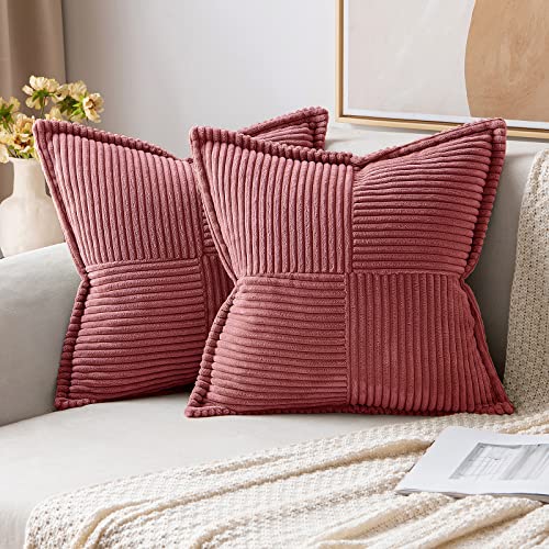 Image of MIULEE Decorative Throw Pillow Covers for Couch Bed Livingroom 20x20 Inch Set of 2 Cranberry Red Boho Accent Throw Pllows Broadside Striped Patchwork Soft Corduroy Pillowcases