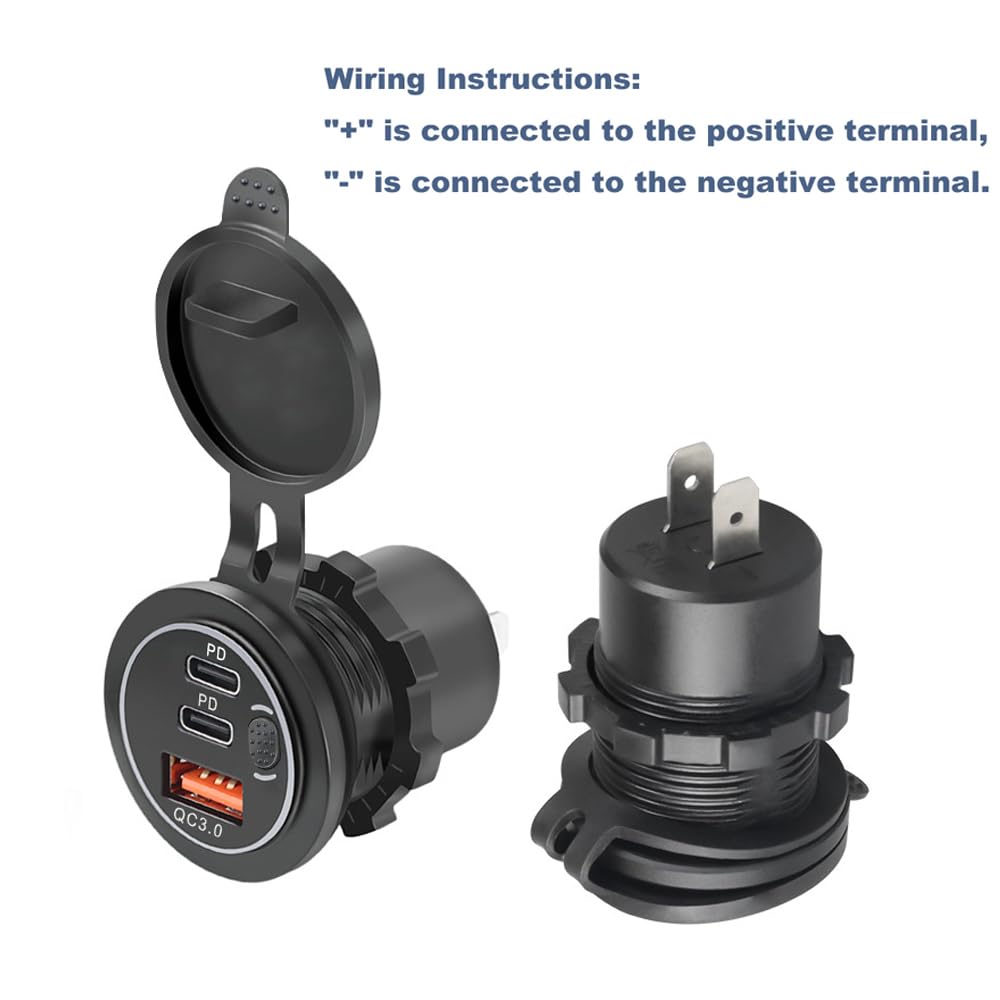 Cargador de coche USB de 3 puertos de 18 W con interruptor, 12 V-24 V QC 3.0 USB y doble PD USB C, cargador de carga rápida impermeable para coche, motocicleta, camión, barco marino (verde)