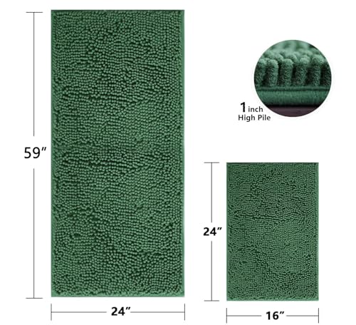 Image of BOANKODU Bathroom RugsSets 2 Piece,59X24+16X24Inch,Absorbent Non-Slip Very Soft Chenille Mat,Machine Washable(Dark Green)