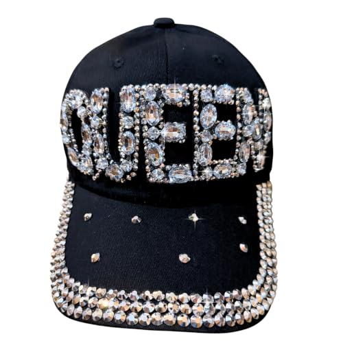 Popfizzy Queen Rhinestone Hat - Black Baseball Cap for Women Fun Bedazzled Cap Bling Gifts