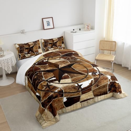 Image of Western Texas Star Bedding Set Twin Cowhide Comforter Set Rustic Farmhouse Comforter Vintage Decor Rural Country Farmhouse Duvet Set Twin Size Quilt 2Pcs Boys