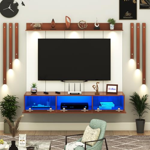 Image of Anikaa RayzaPro Engineered Wood Wall Mount TV Unit with PVC Back Panel, Acrylic Blue LED Storage Box, Side Wooden Accent Spot Light Panels I Deal for Up to 50 Inch TV (Walnut - DIY Installation)