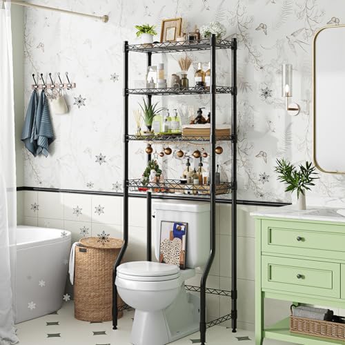 Image of Simple Trending 4 Tier Over The Toilet Storage Rack, Bathroom Organizers and Storage Over Toilet with Adjustable Shelf and Basket, (Black)