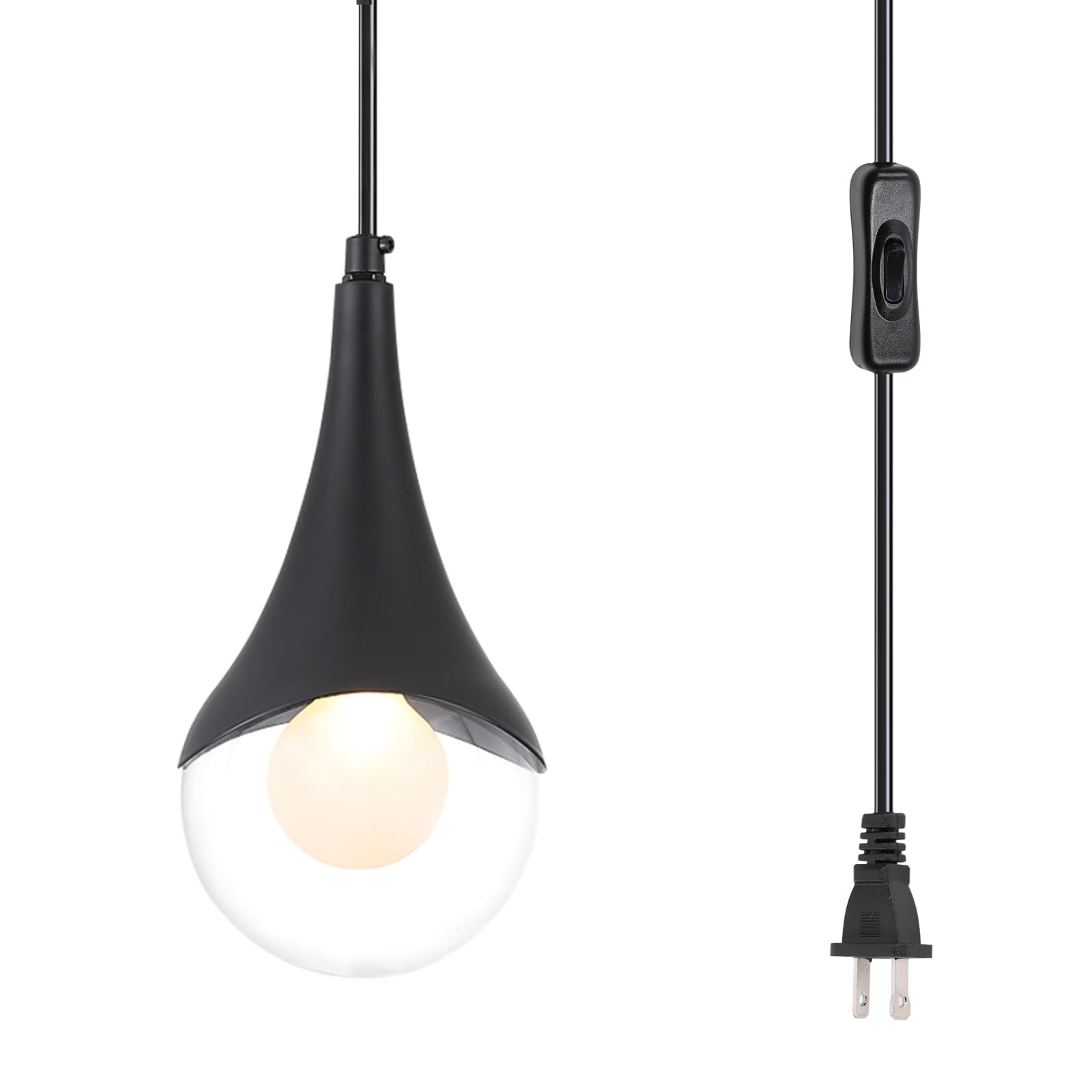 Dijiahua Black Plug in Pendant Light,Hanging Lights with Plug in Cord On/Off Switch, Mini Pendant Lights for Kitchen Island,Modern Raindrop Lamps Fixture with Globe Glass Shade for Bedroom